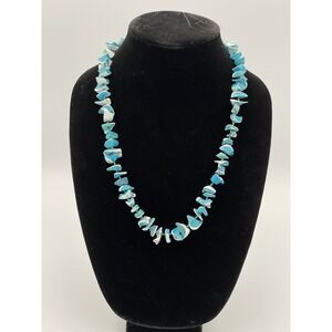 Vtg Faux Turquoise Chip Bead Necklace – Blue and White Beaded- Boho Style